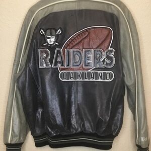 Mirage NFL OAKLAND RAIDERS Leather Jacket Silver Black Mens L VTG 90’s Quilted